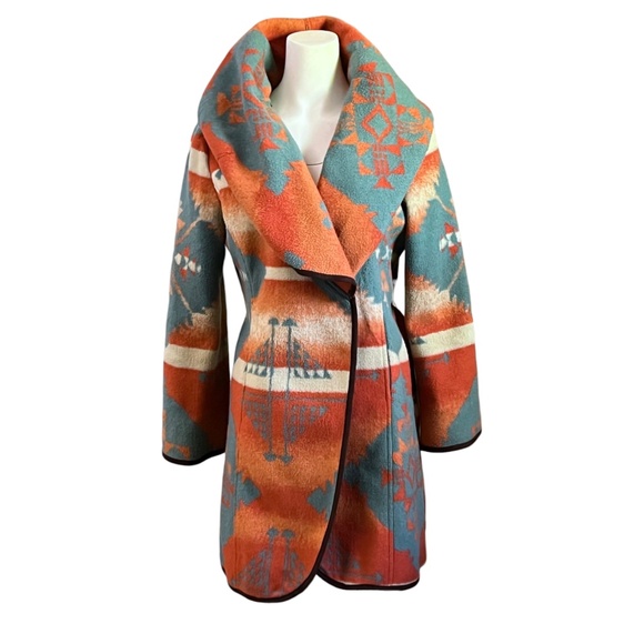 Tasha Polizzi Southwestern Wrap Blanket Coat Size Small Orange Turquoise Aztec - Picture 4 of 16